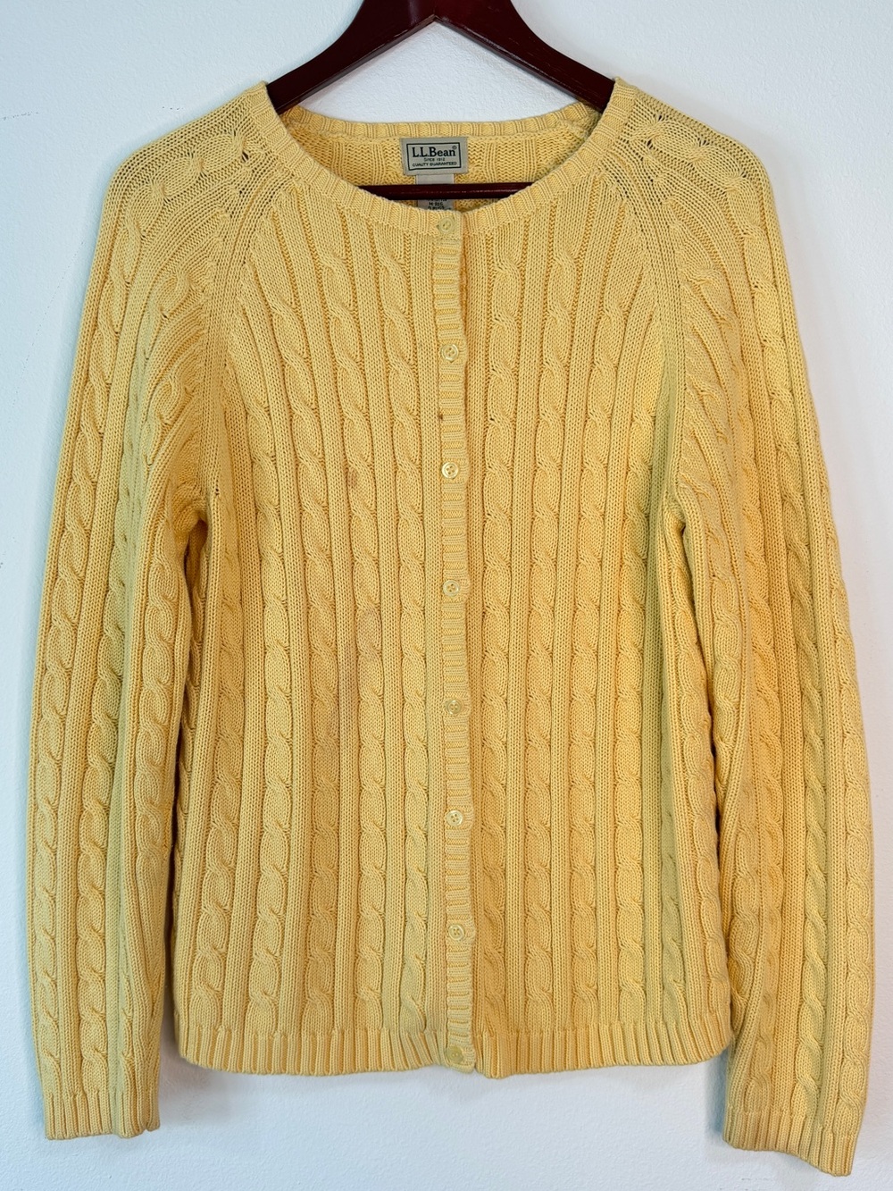 Vintage 90s L.L. Bean Butter Yellow Cable Knit Cardigan Sweater Womens M Cottage
